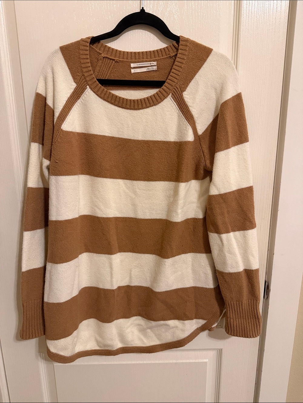 Anthropologie Cream and Tan Wide-Strip Crewneck Sweater